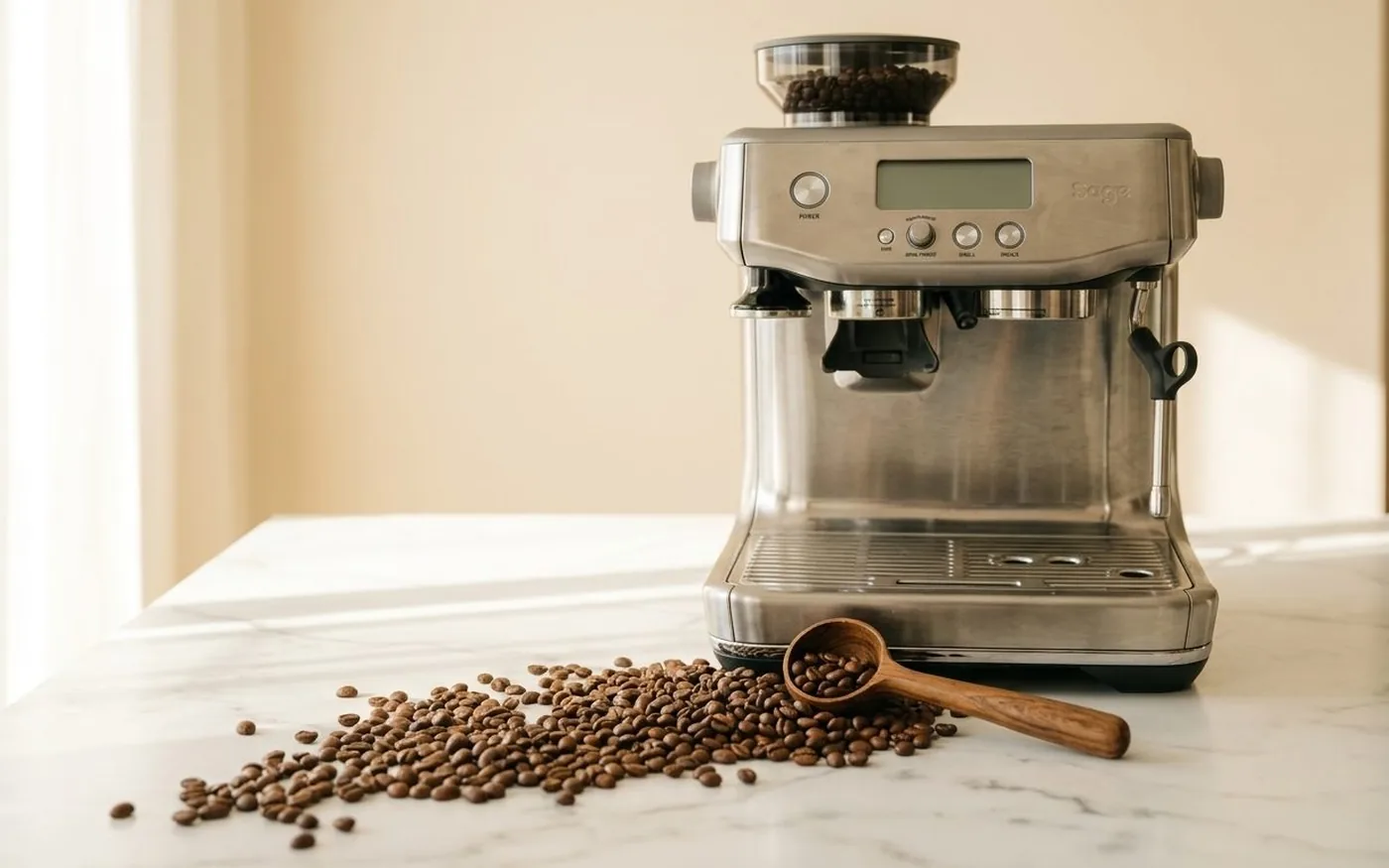 Medium roast whole coffee beans on white marble countertop in front of the Sage Barista Pro with wooden scoop