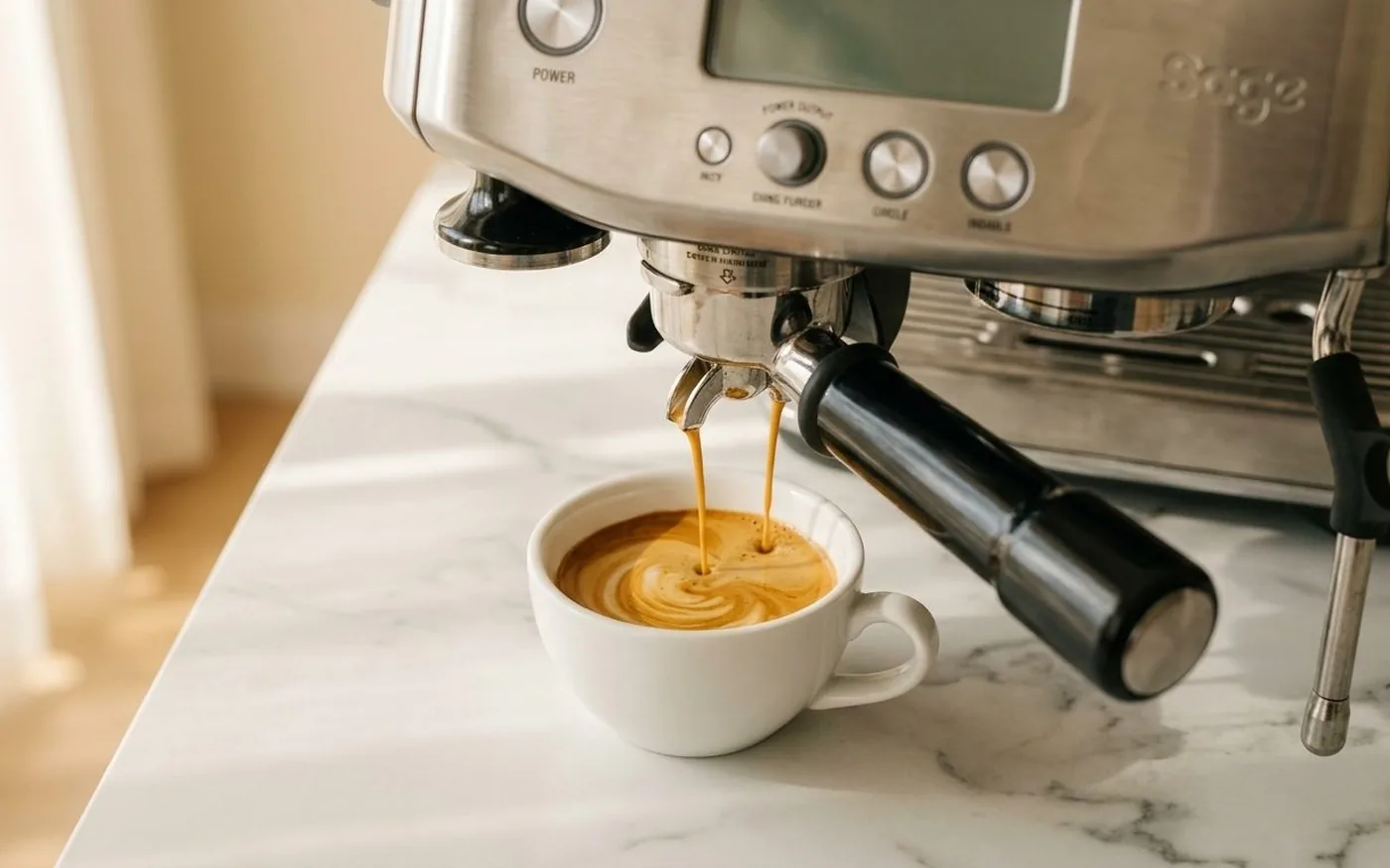 Espresso shot being extracted through the Sage Barista Pro portafilter into a white ceramic cup