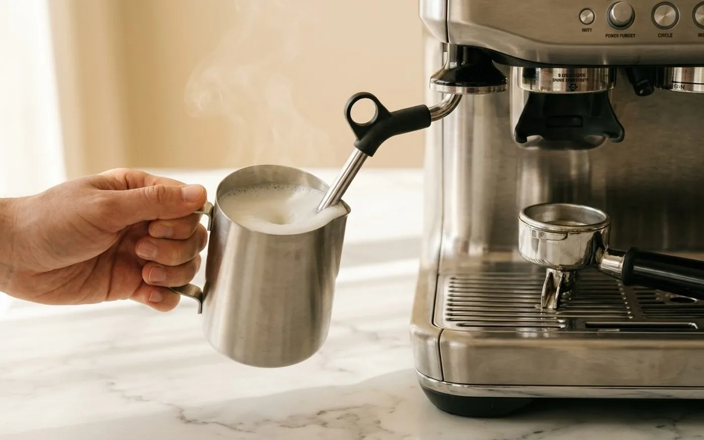 Sage Barista Pro manual steam wand frothing milk in stainless steel pitcher with visible microfoam