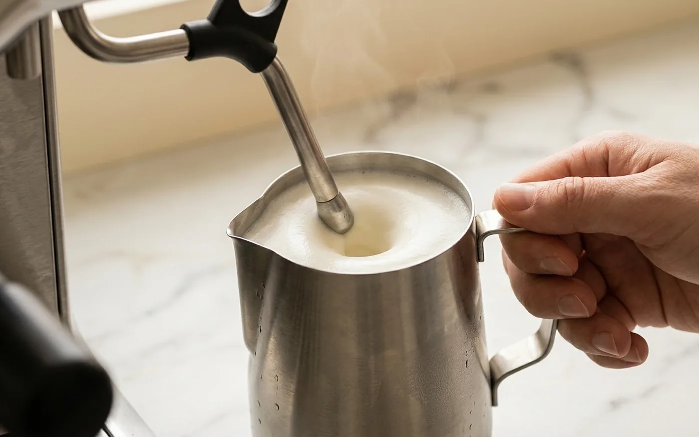 Manual steam wand texturing milk into a stainless steel pitcher to create silky microfoam