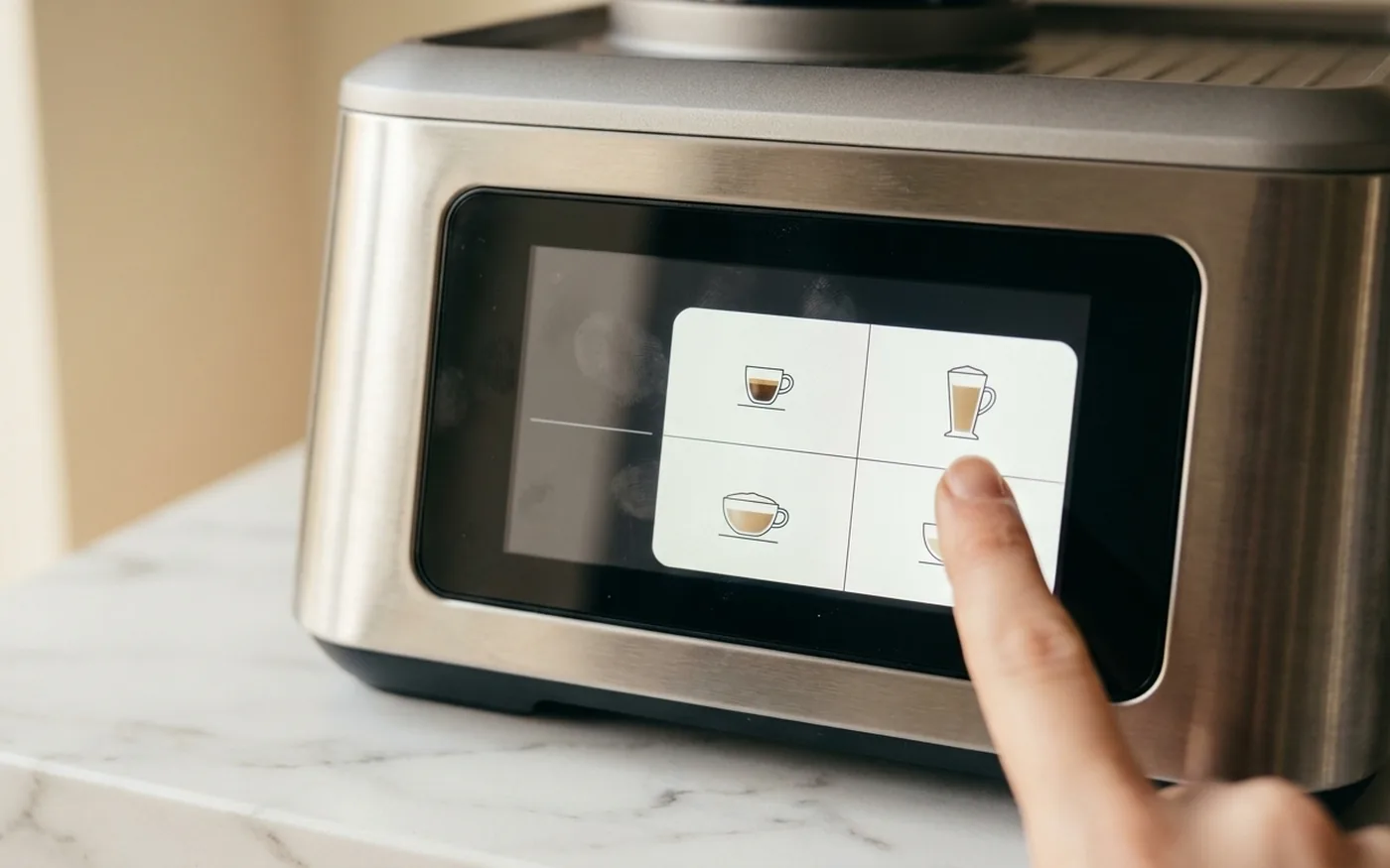 Close-up of the Sage Barista Touch colour touchscreen showing the drink selection menu