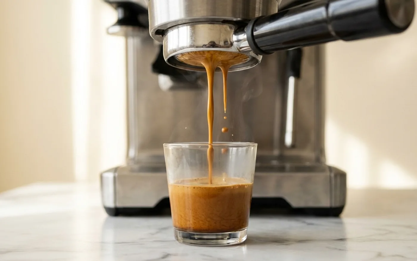 Espresso extraction from a bottomless portafilter into a glass cup with rich crema building