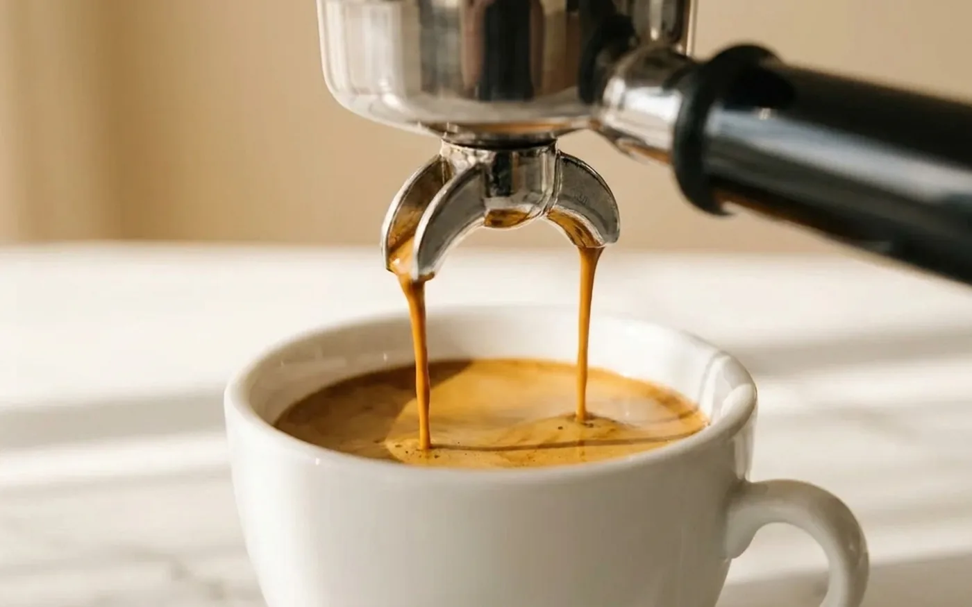Espresso extracting from Sage Barista Touch Impress portafilter into white demitasse cup with crema