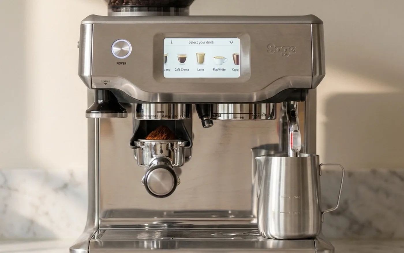 Sage Barista Touch Impress espresso machine front view on a clean kitchen counter