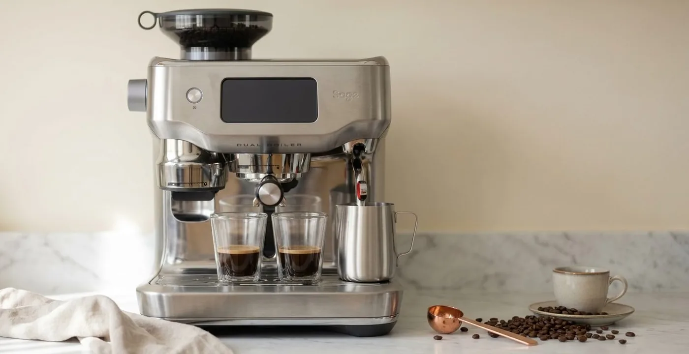 Sage Oracle Dual Boiler espresso machine with built-in Baratza grinder on a kitchen counter