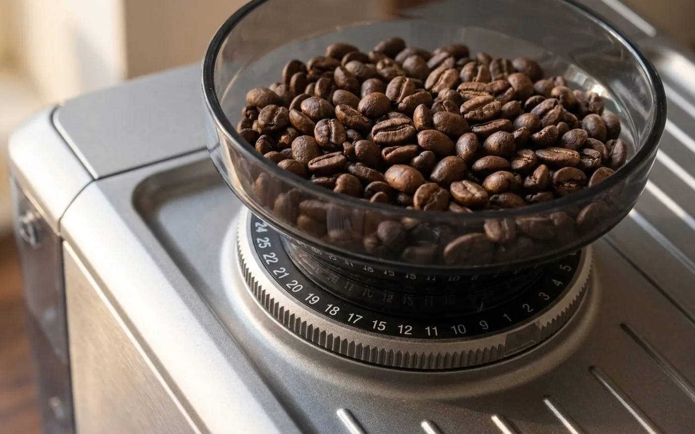 Sage Oracle Touch integrated grinder bean hopper filled with coffee beans and the 45-setting grind adjustment dial