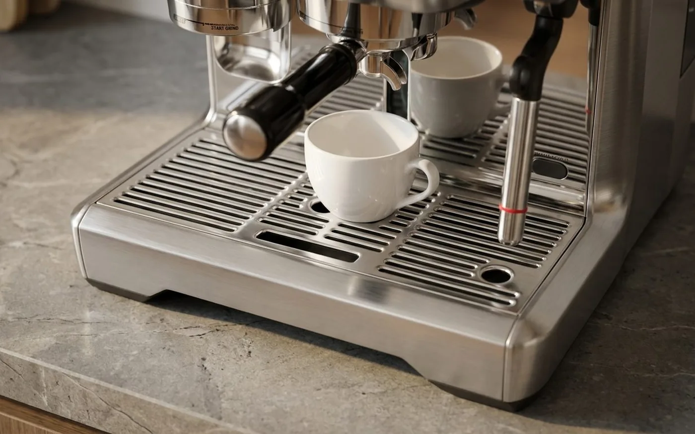 Sage Oracle Touch drip tray and maintenance area with a white demitasse cup positioned for espresso extraction
