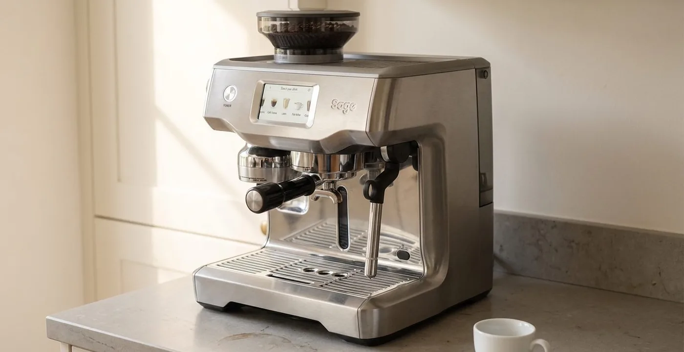 The Sage Oracle Touch espresso machine in stainless steel on a kitchen counter