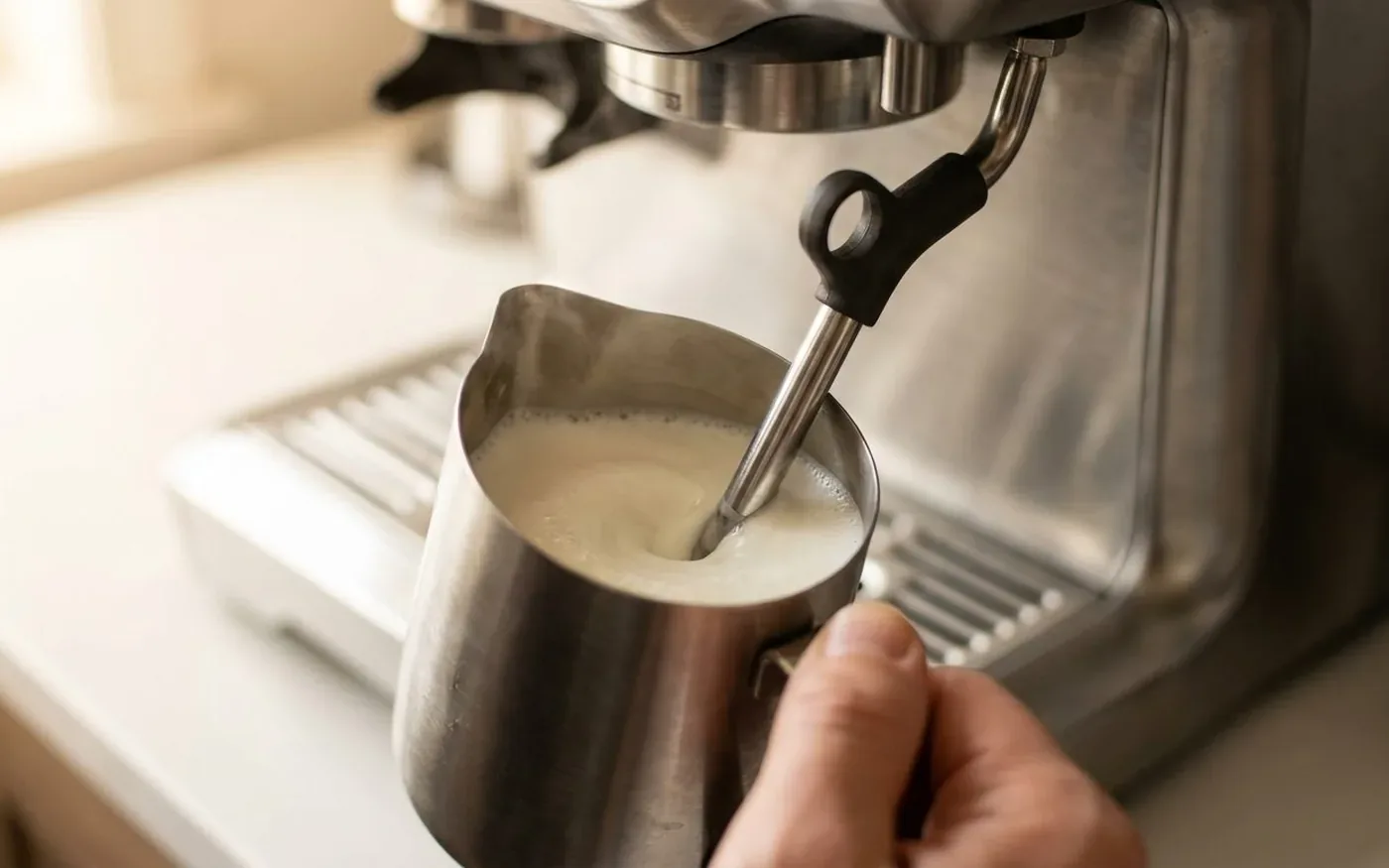 A manual steam wand texturing milk into a stainless steel pitcher, creating tight glossy microfoam beside a brushed stainless steel espresso machine