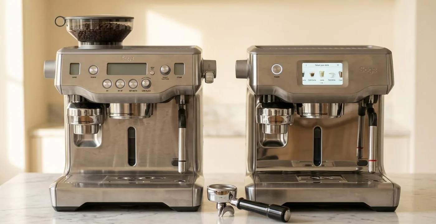 Sage Oracle and Sage Oracle Touch espresso machines side by side on a white marble kitchen counter