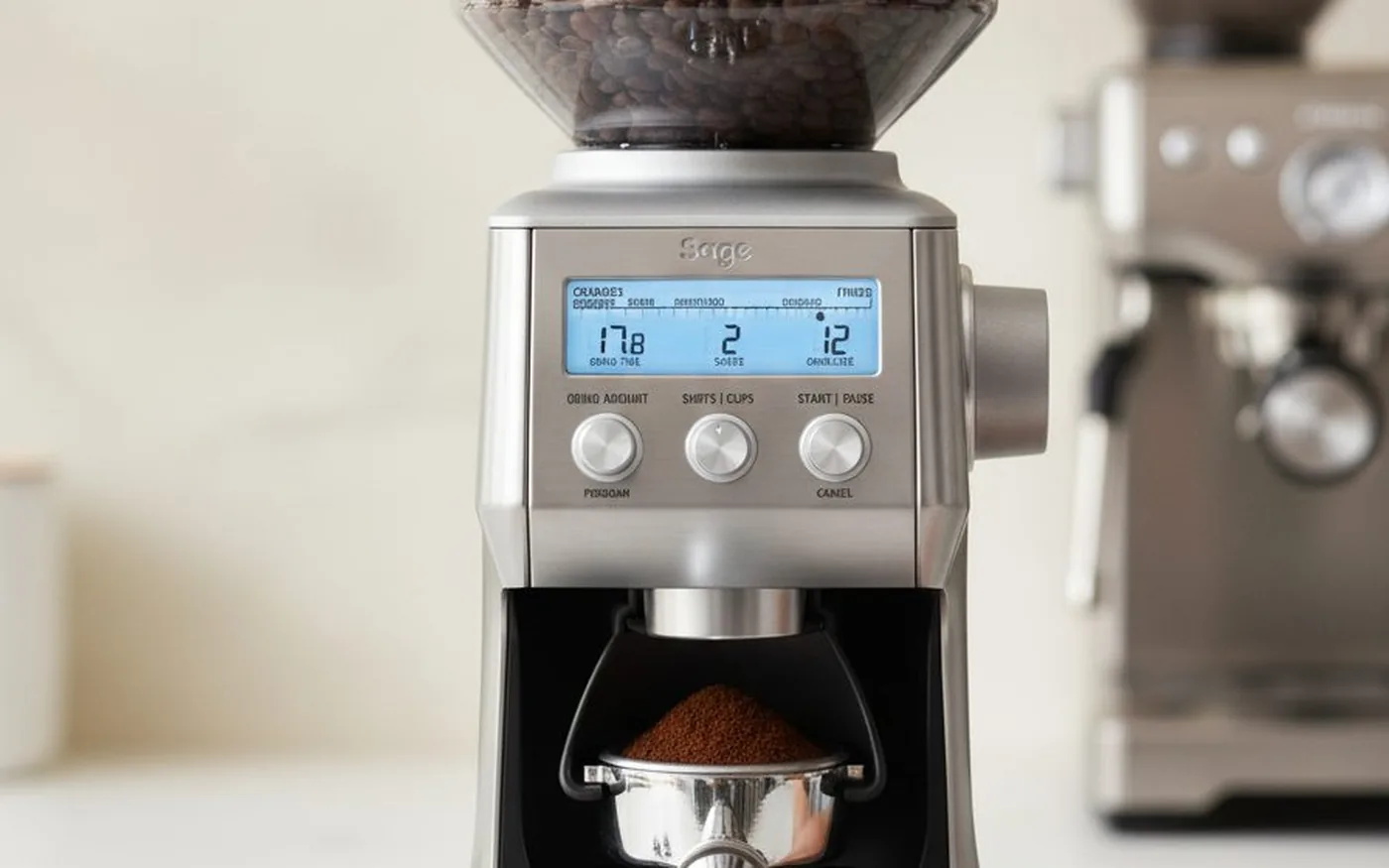 Sage Smart Grinder Pro on white marble with portafilter cradle and LCD display