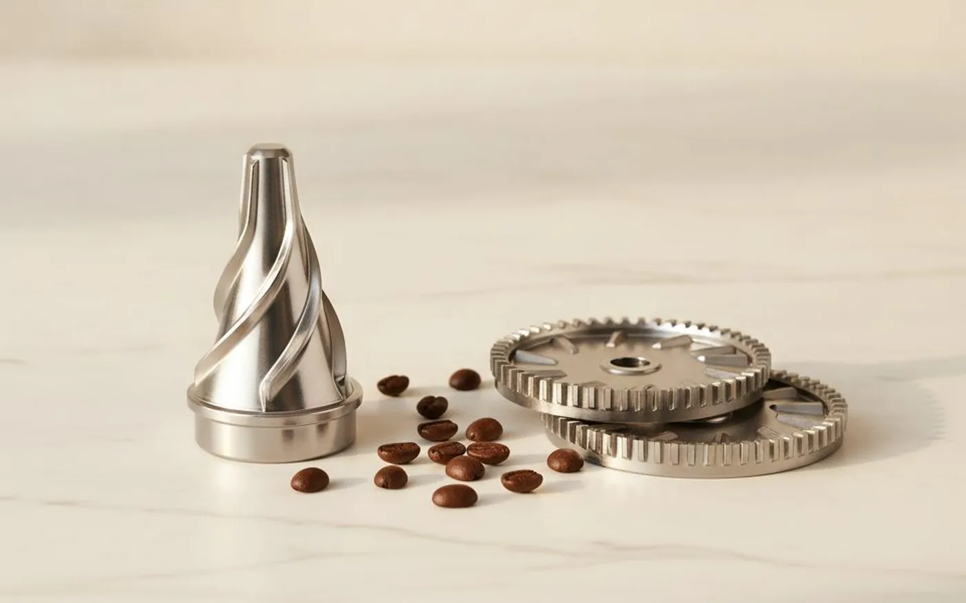 Conical burr versus flat burr comparison on white marble