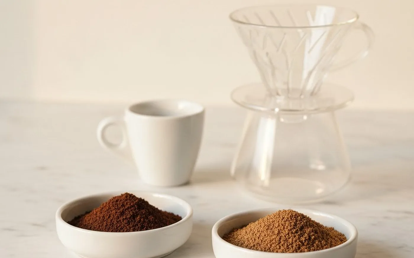 Espresso grind versus filter grind comparison in white ceramic dishes