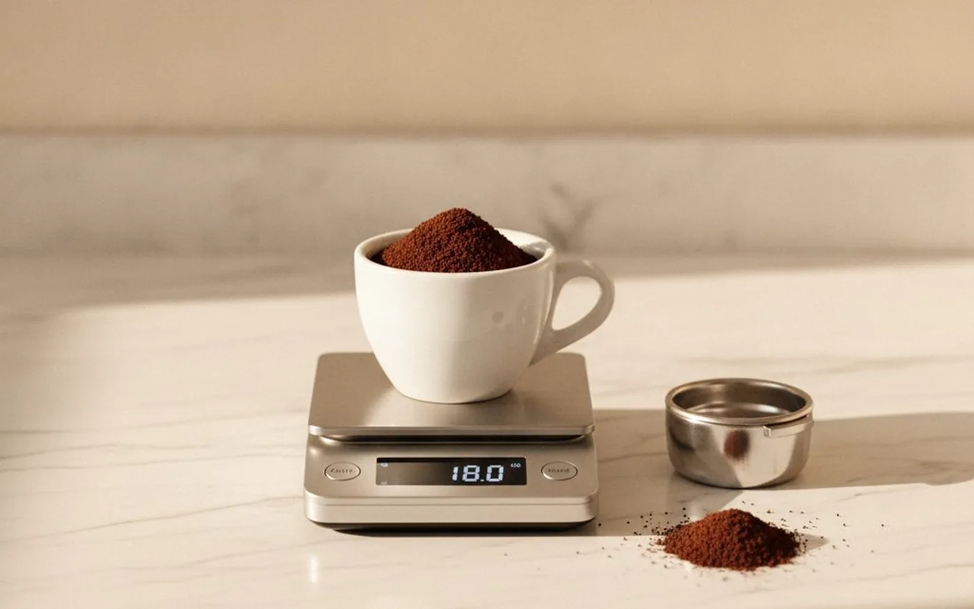 Coffee scale showing espresso dose with grounds cup and portafilter basket