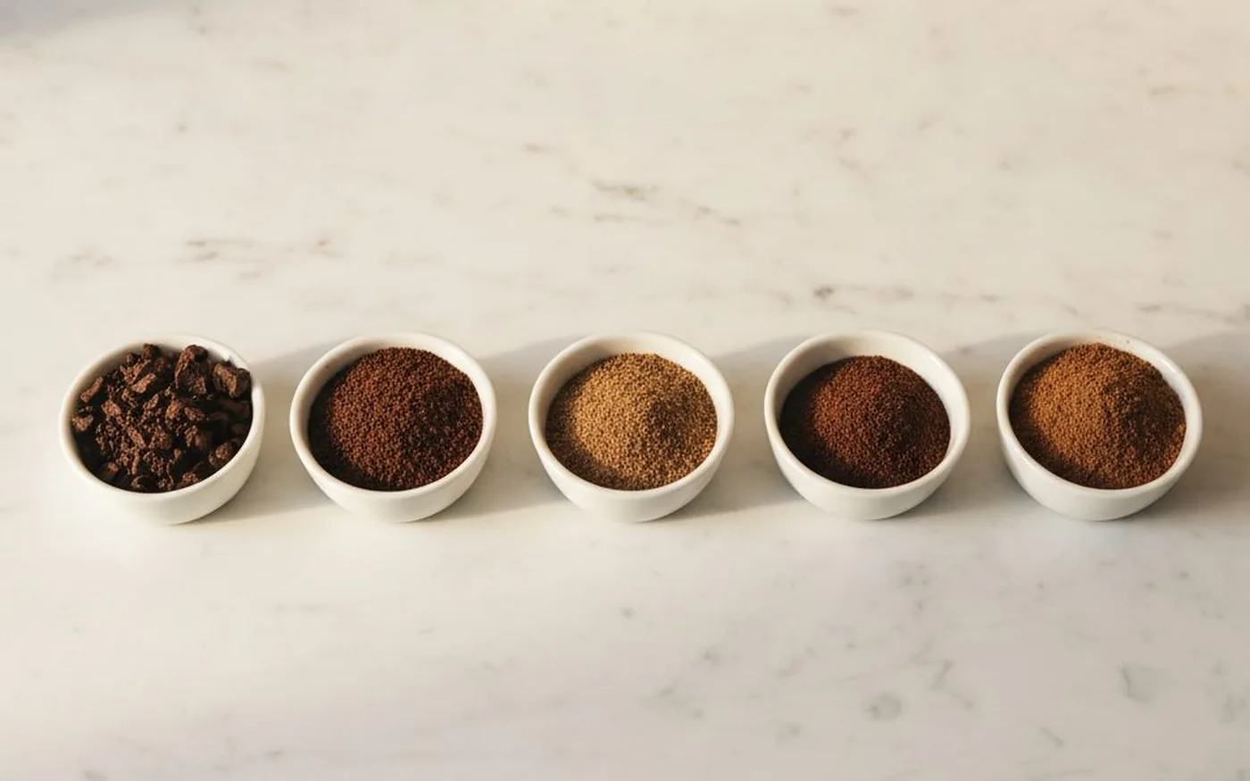 Coffee grind size comparison from coarse to fine in white ceramic dishes