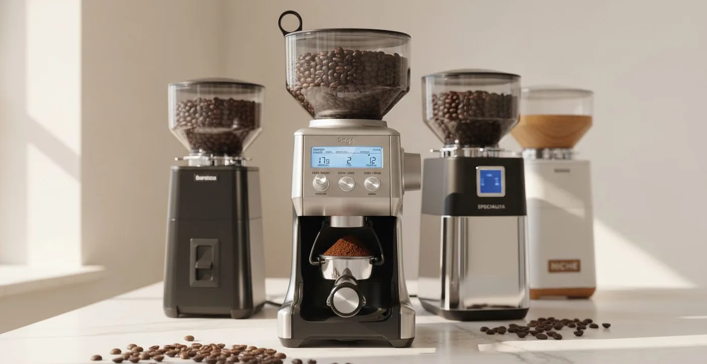 Sage Smart Grinder Pro on a kitchen counter next to a Sage Bambino Plus espresso machine