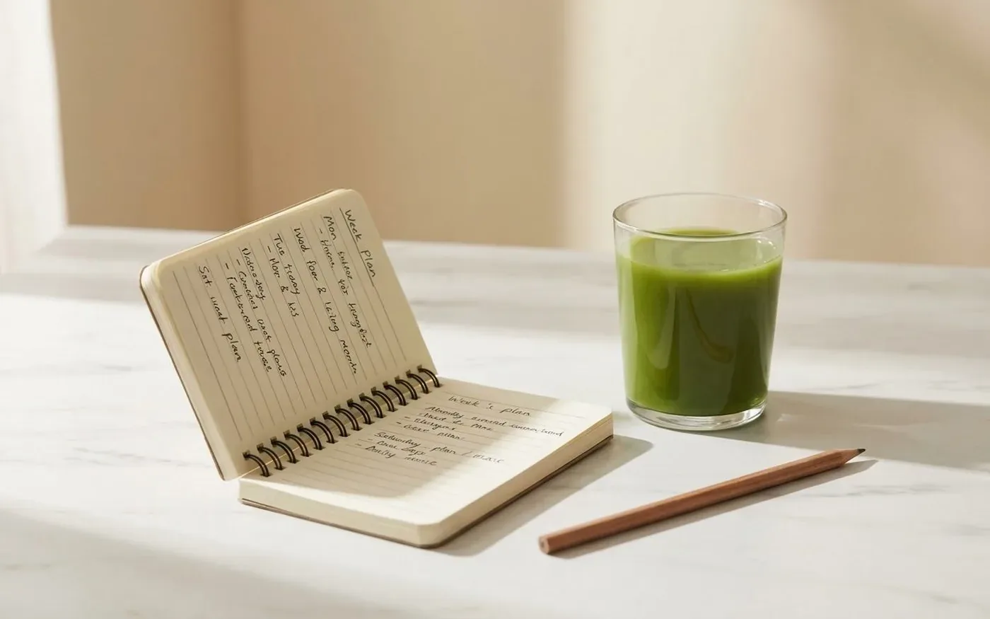 Morning wellness supplement routine with green drink and journal on white marble countertop
