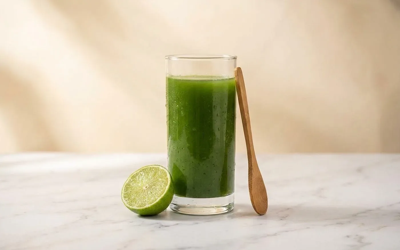 Clear glass of vibrant green greens powder drink with lime on white marble