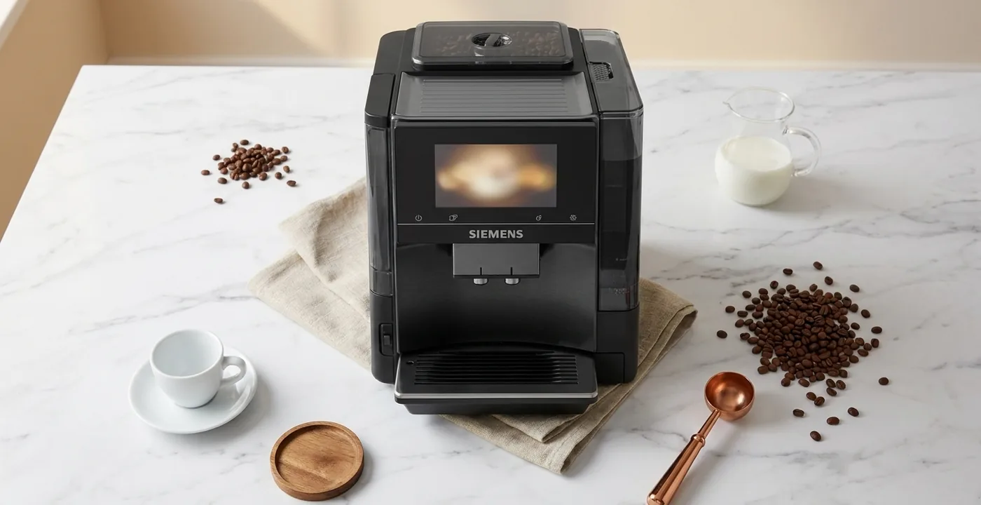 Siemens EQ700 bean-to-cup coffee machine in black on a marble counter with coffee beans, an espresso cup and a milk jug