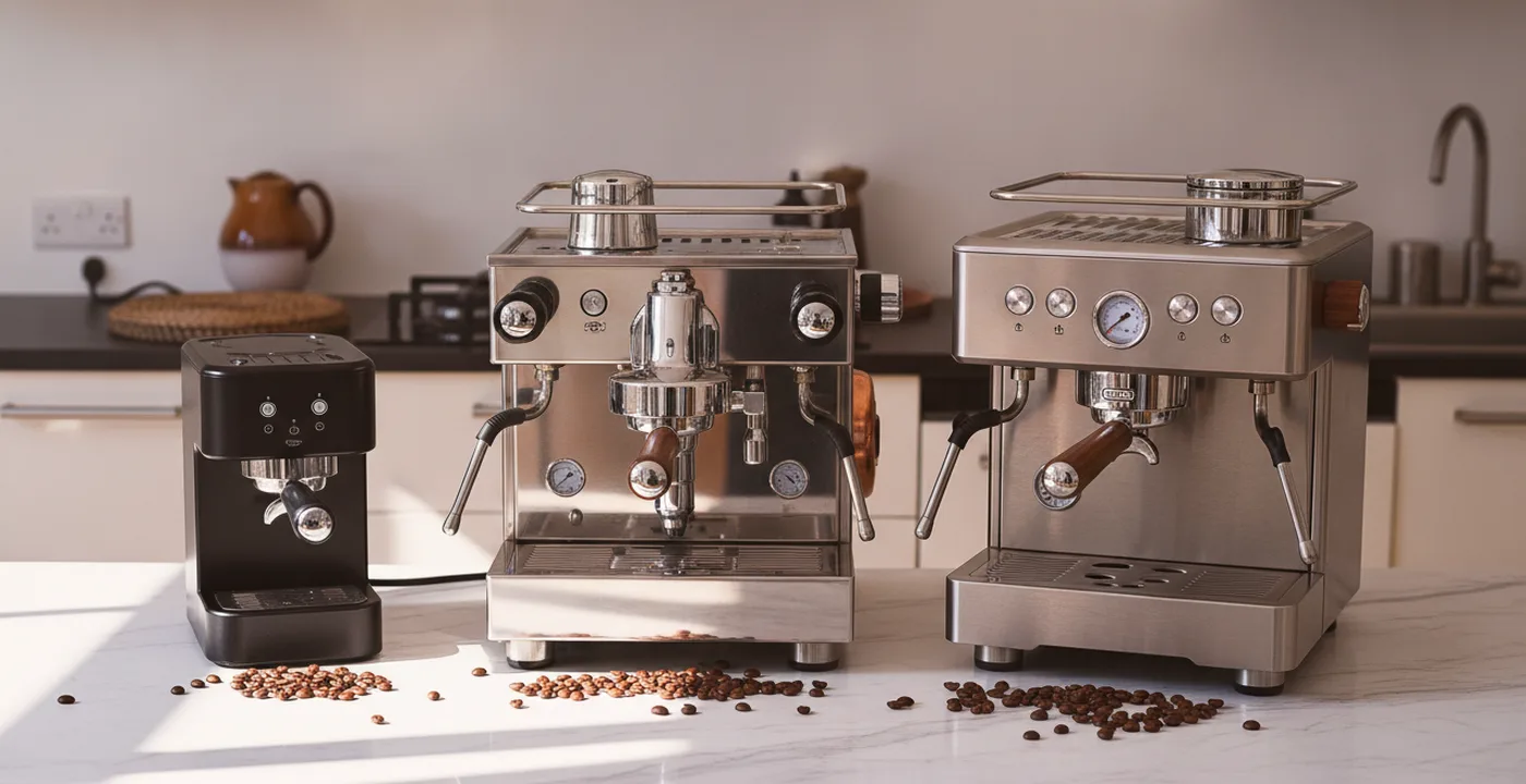 Three espresso machines side by side: single boiler, heat exchanger, and dual boiler comparison