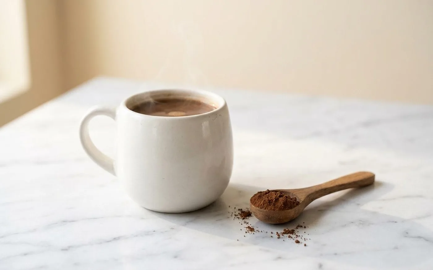 Spacegoods Rainbow Dust powder preparation - ceramic mug of chocolate blend on white marble