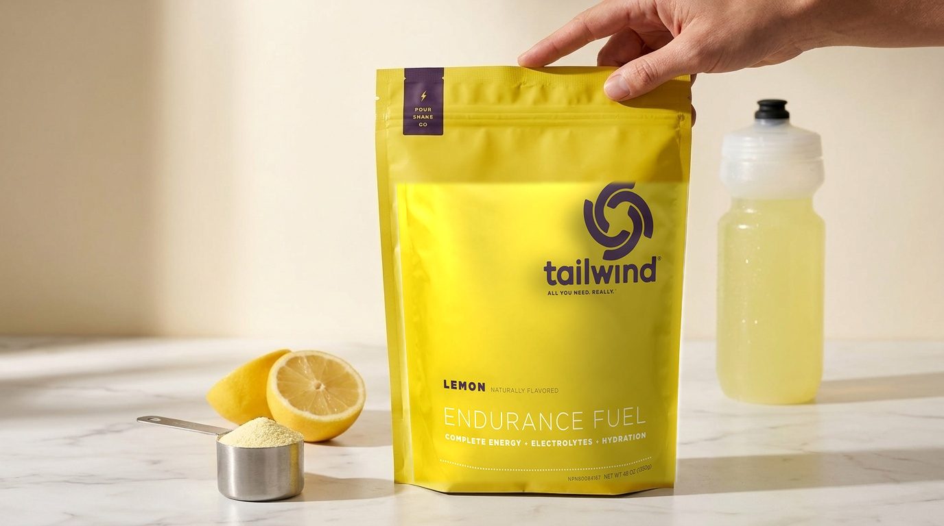 Tailwind Nutrition Endurance Fuel powder and bottle against a running trail background