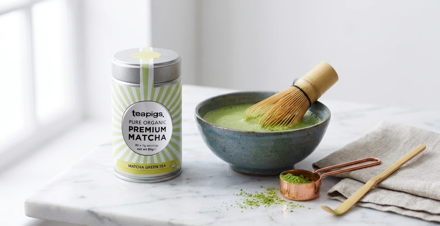 teapigs Premium Organic Matcha tin with prepared matcha latte