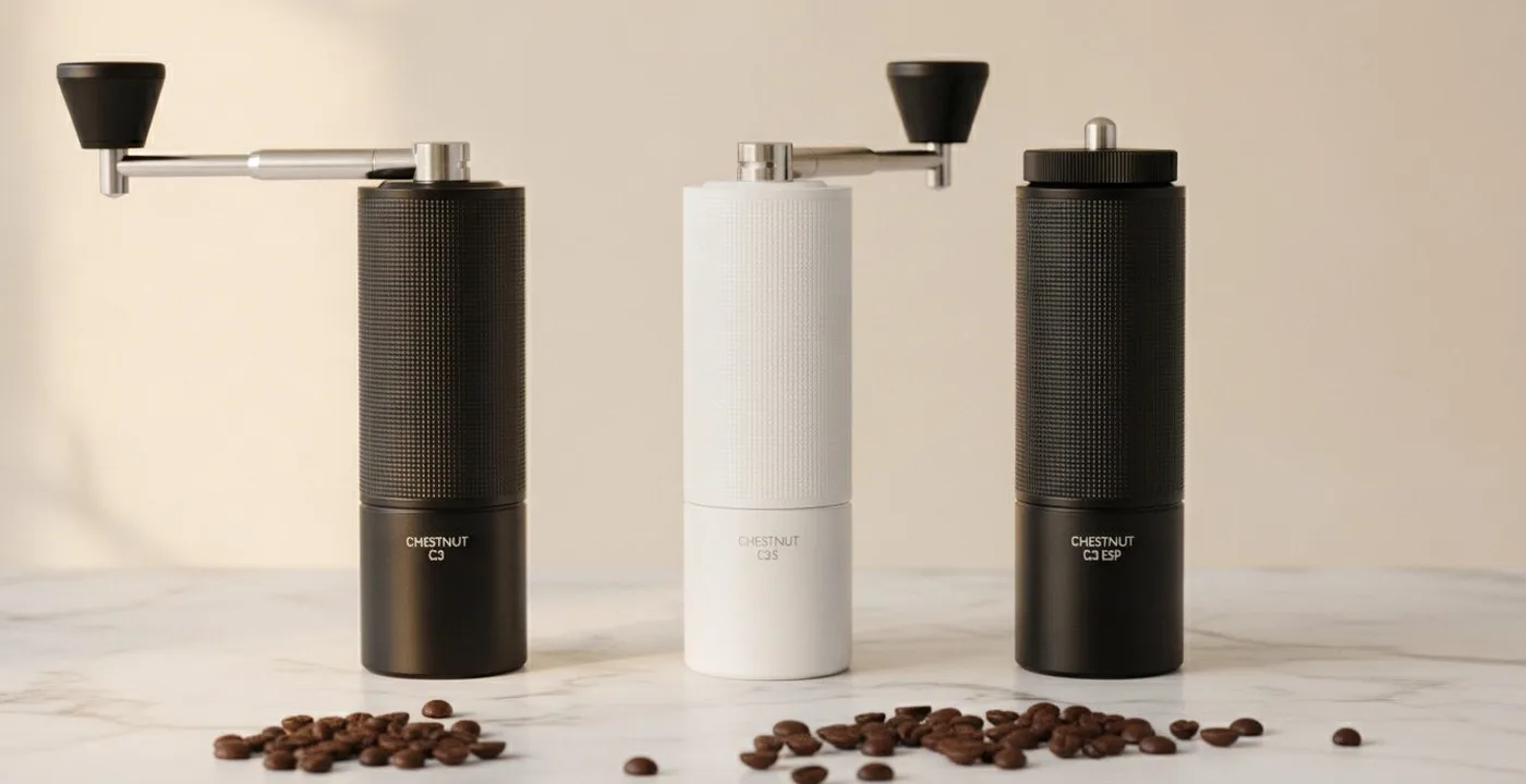Timemore Chestnut C3 hand grinder on a wooden surface next to a coffee cup
