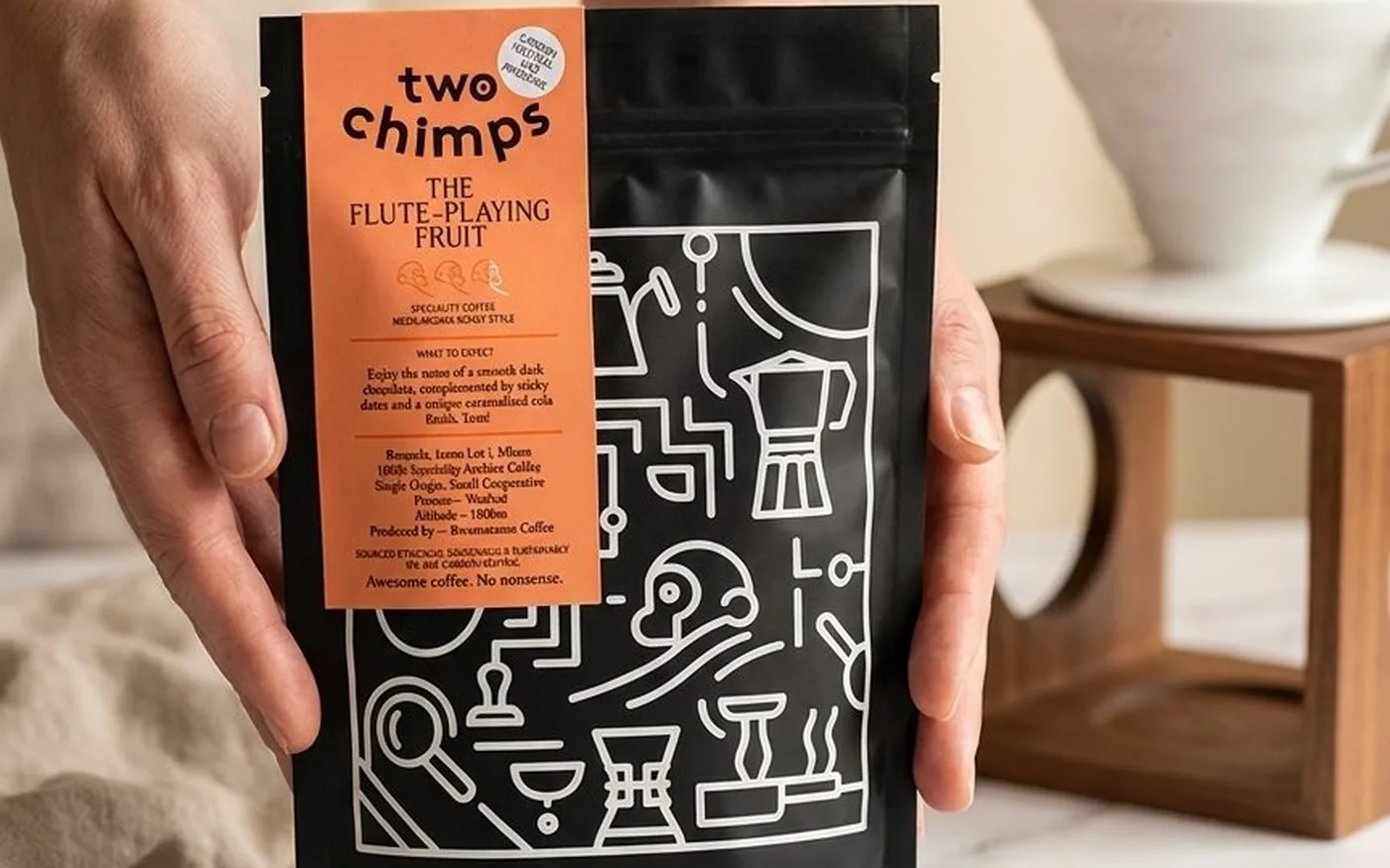 Two Chimps Coffee bag on marble countertop with V60 pour-over dripper