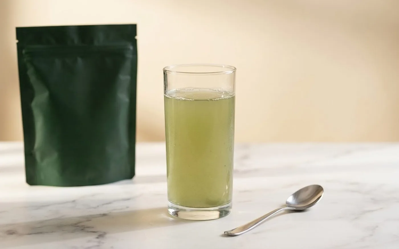 Glass of pale green Verve V80 supplement drink on white marble countertop