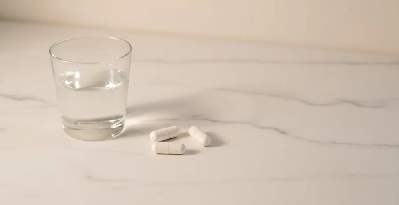 Various magnesium supplement capsules arranged on a white marble surface with a glass of water